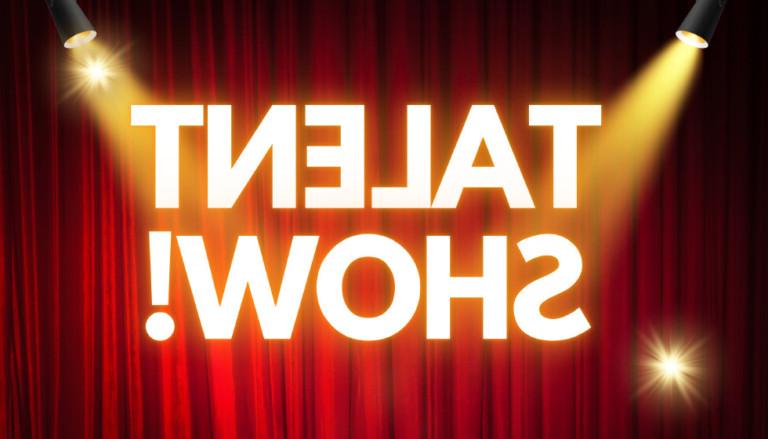 Image of closed curtain background with show lights and the words talent show in white.